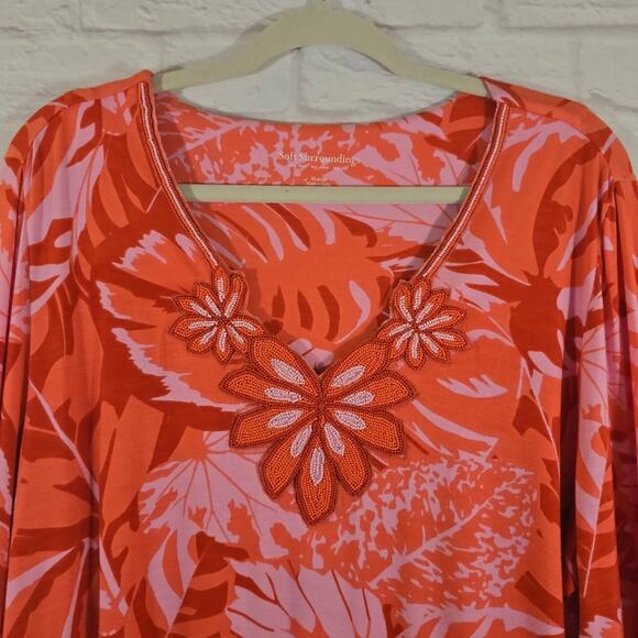 MF Soft Surroundings Floral Orange Pink Del Rio Tunic Top NWT Size XL 18 Beaded - Picture 2 of 13